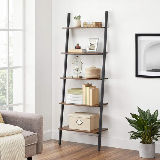 Industrial Style Ladder Shelf, Bookcase, 5 Tier Storage Unit, Tilted Shelf