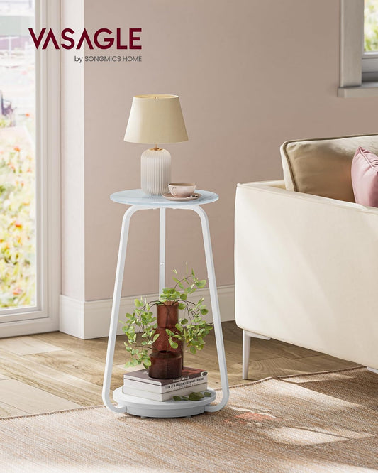 Round Side Table, 2-Tier Bedside Table, End Table with Glass Top and Particleboard Shelf