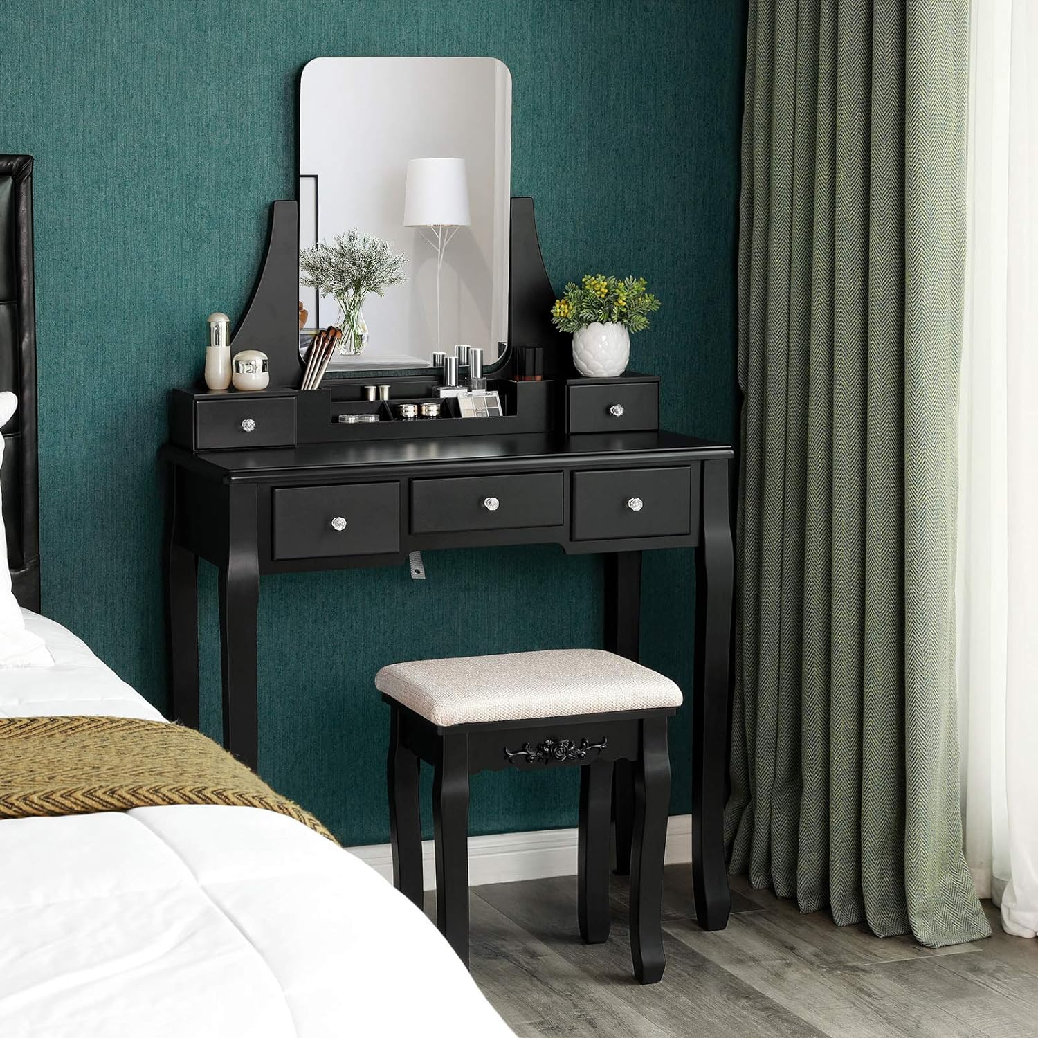 Vanity Set, Dressing Table Set with Large Frameless Mirror for Makeup, 5 Drawers, Cushioned Stool Included