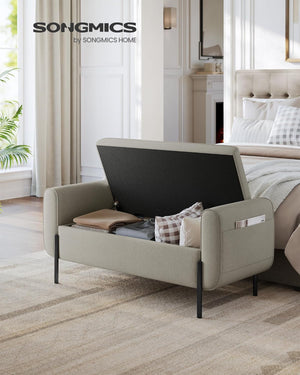 Camel Brown Storage Ottoman Bench with Armrests