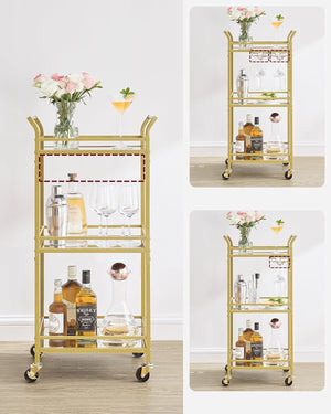 3-Tier Gold Bar Cart with Mirrored Shelves - Karrari