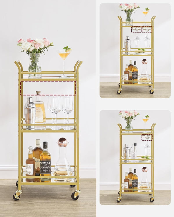 3-Tier Gold Bar Cart with Mirrored Shelves - Karrari