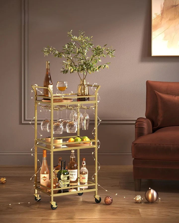 3-Tier Gold Bar Cart with Mirrored Shelves - Karrari