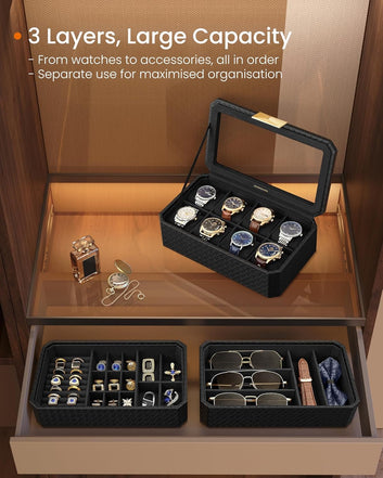 8-Slot Watch Box, 3-Tier Stackable Watch Case, Woven Embossed PU Leather