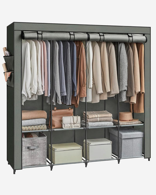 Clothes Wardrobe, Portable Fabric Wardrobe with 4 Hanging Rails, Shelves, 4 Side Pockets