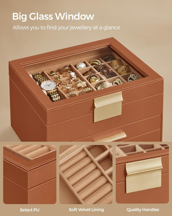 3-Layer Jewellery Box with Glass Lid & 2 Drawers