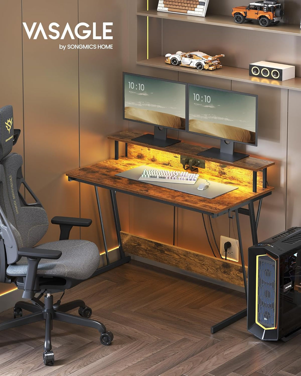 Gaming Desk with Power Strip & Dual Monitor Stand - Karrari