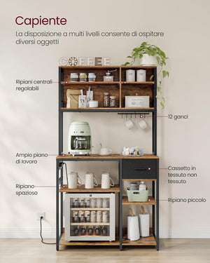 Kitchen Shelf with Sockets, Hooks & Fabric Drawer