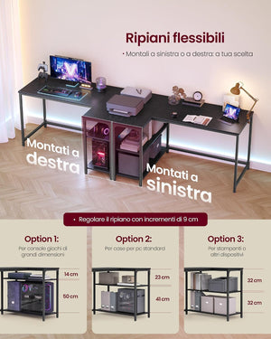 L-Shaped Computer Desk, Reversible Shelves - Karrari