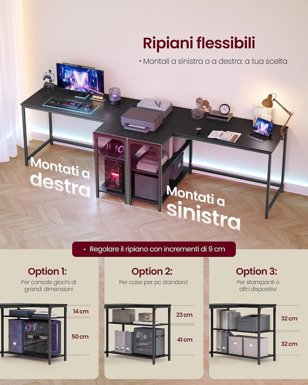 L-Shaped Computer Desk, Reversible Shelves - Karrari