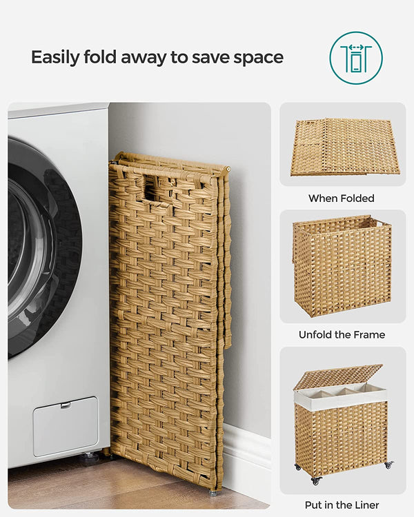 140L 3-Section Laundry Hamper - Lid & Wheels - Karrari