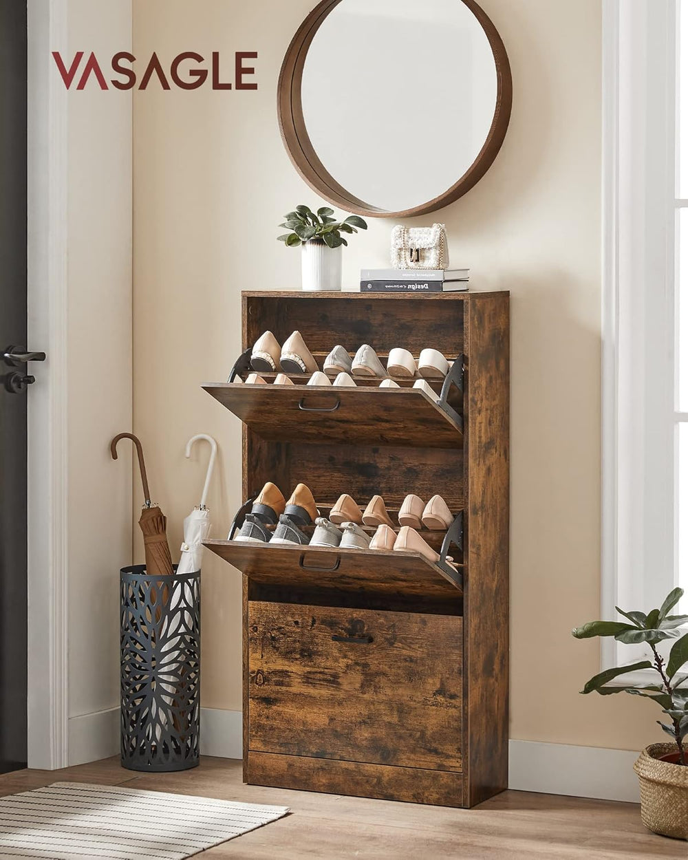Slim 3-Tier Shoe Cabinet with Flip Doors