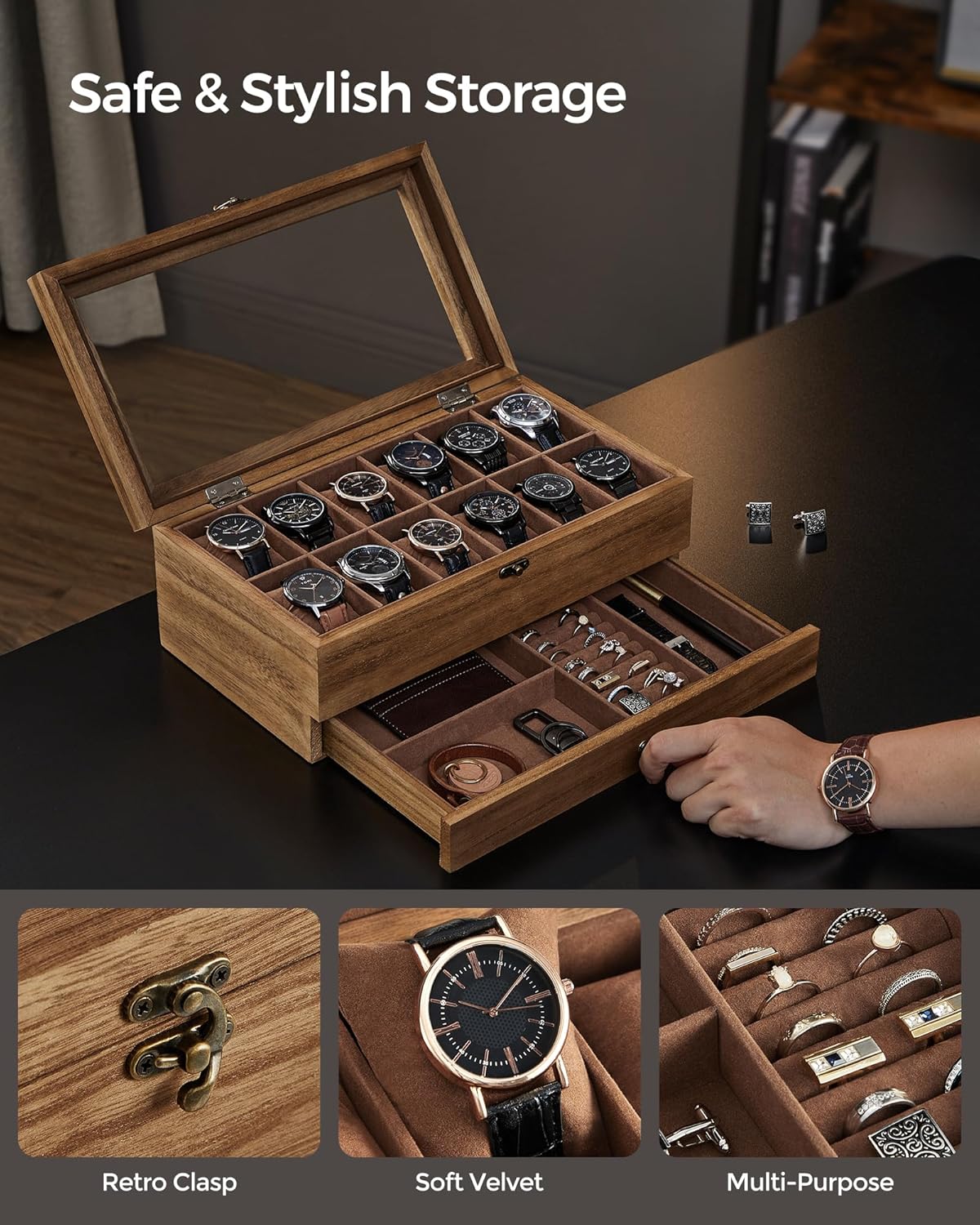 Multiple Watch Storage Case 2-Tier Wood Watch Case with Large Glass Lid