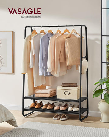 Clothes Rail, Clothes Rack with 2 Shelves, 6 S-Shaped Hooks, Steel Frame