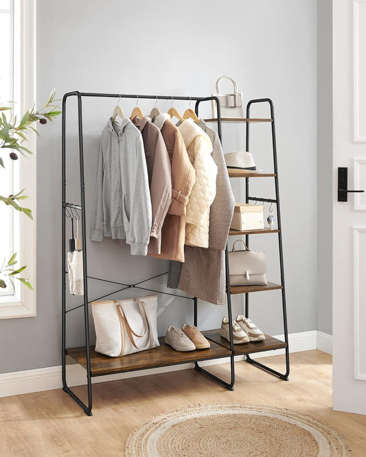 Clothes Rail Clothes Rack with Shoe Rack, 5 Tier Storage Rack, 6 Side Hooks