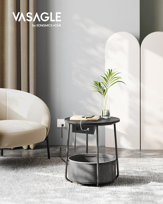 Round Side Table, Small Table, Coffee Table with Socket, Living Room Table, Fabric Basket, Black & Grey Grey (Copy)