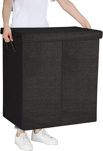 142L Laundry Hamper Made of Linen-like Fabric, 2 Compartments Dirty Laundry Hamper with Magnetic Lid