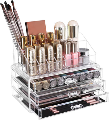 Makeup Organiser, 2-Piece Set Makeup Box, Cosmetic Organiser with 3 Drawers and 15 Various Compartments
