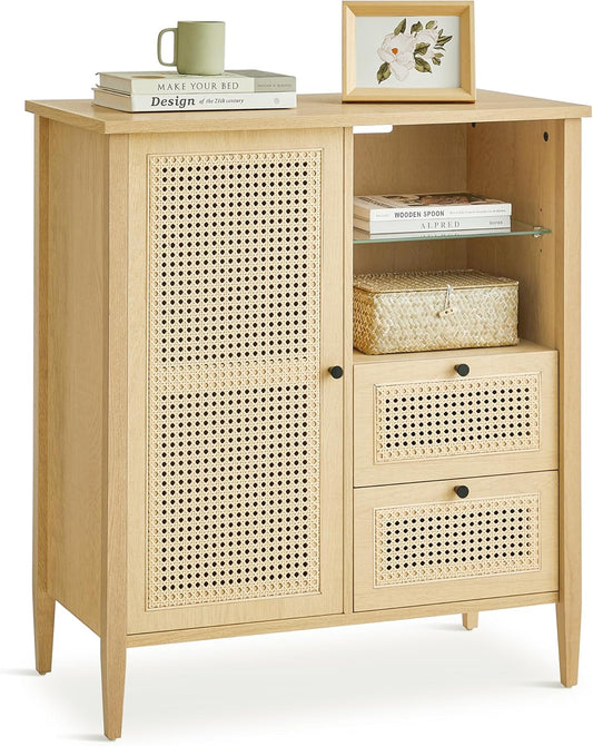 Boho Buffet Cabinet, Storage Shelf, Synthetic Rattan Sideboard, Storage Cabinet with Adjustable Shelves