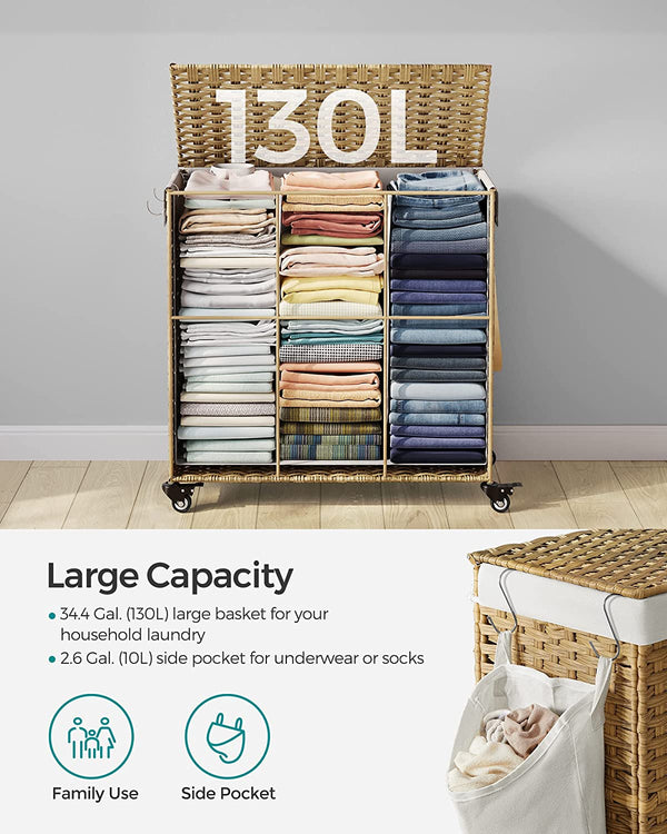 140L 3-Section Laundry Hamper - Lid & Wheels - Karrari