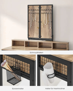 Makeup Table with Folding Mirror, Stool & Drawers
