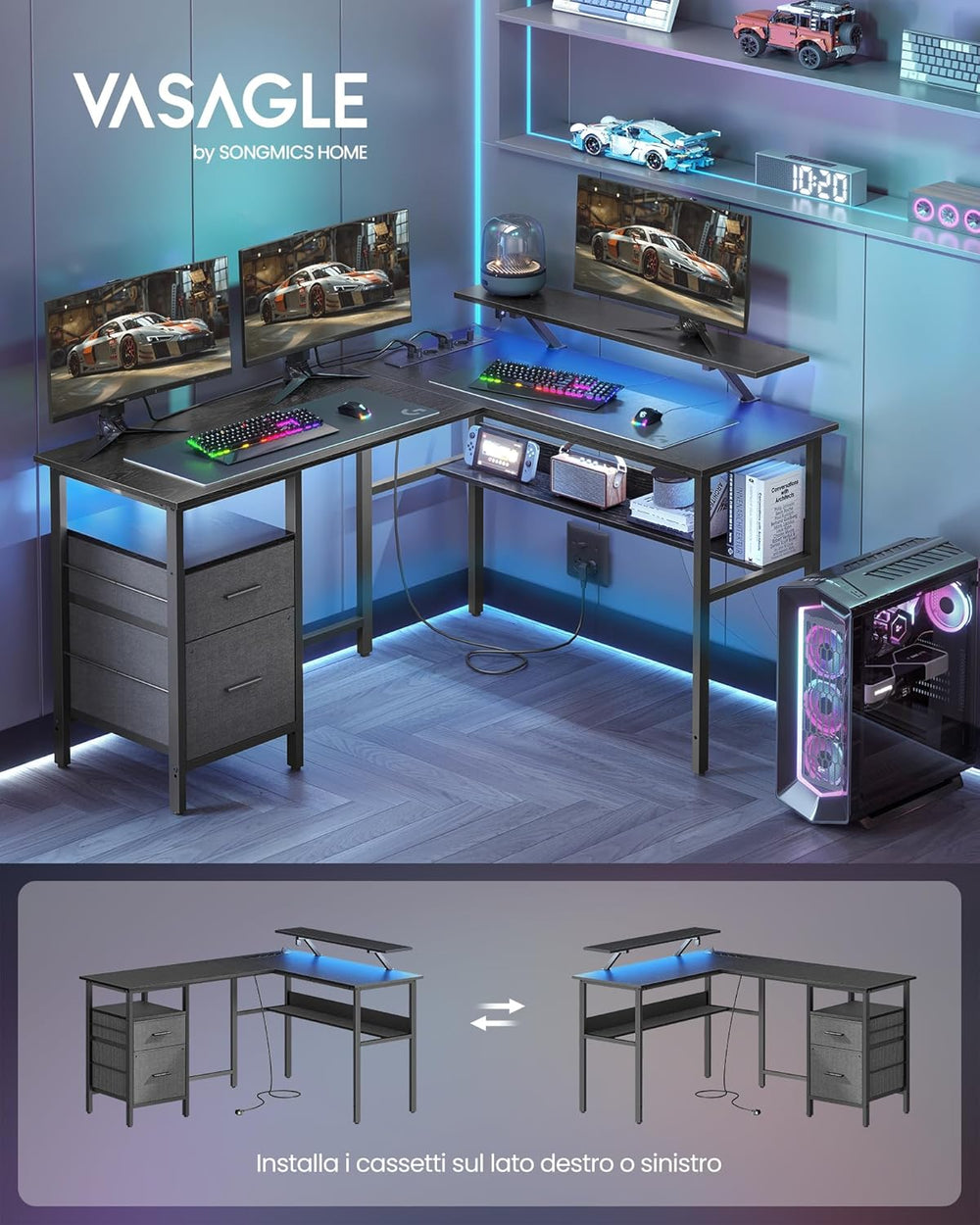 L-Shaped Desk with Sockets, Monitor Stand & LED Lights - Karrari