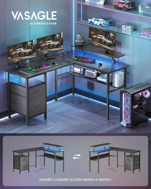 L-Shaped Desk with Sockets, Monitor Stand & LED Lights - Karrari