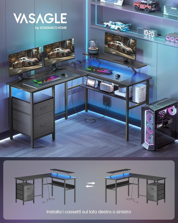 L-Shaped Desk with Sockets, Monitor Stand & LED Lights - Karrari