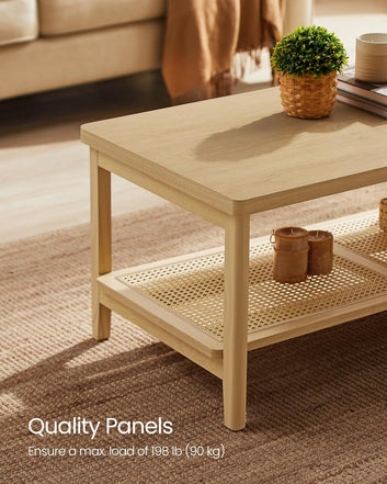 2-Tier Coffee Table with Storage, Table with PVC Rattan Storage Shelf, Boho Style, Oak Beige