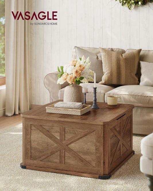 Country Coffee Table with Storage, Square Coffee Table for Living Room