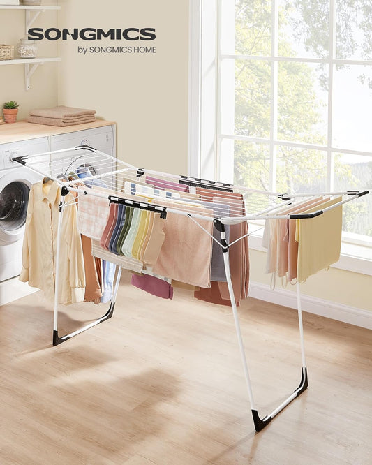 Clothes Drying Rack, 56.5 x 173 x 96.5 cm Winged Clothes Airer, with Sock Clips, Metal Structure, for Clothes, Towels, Linens