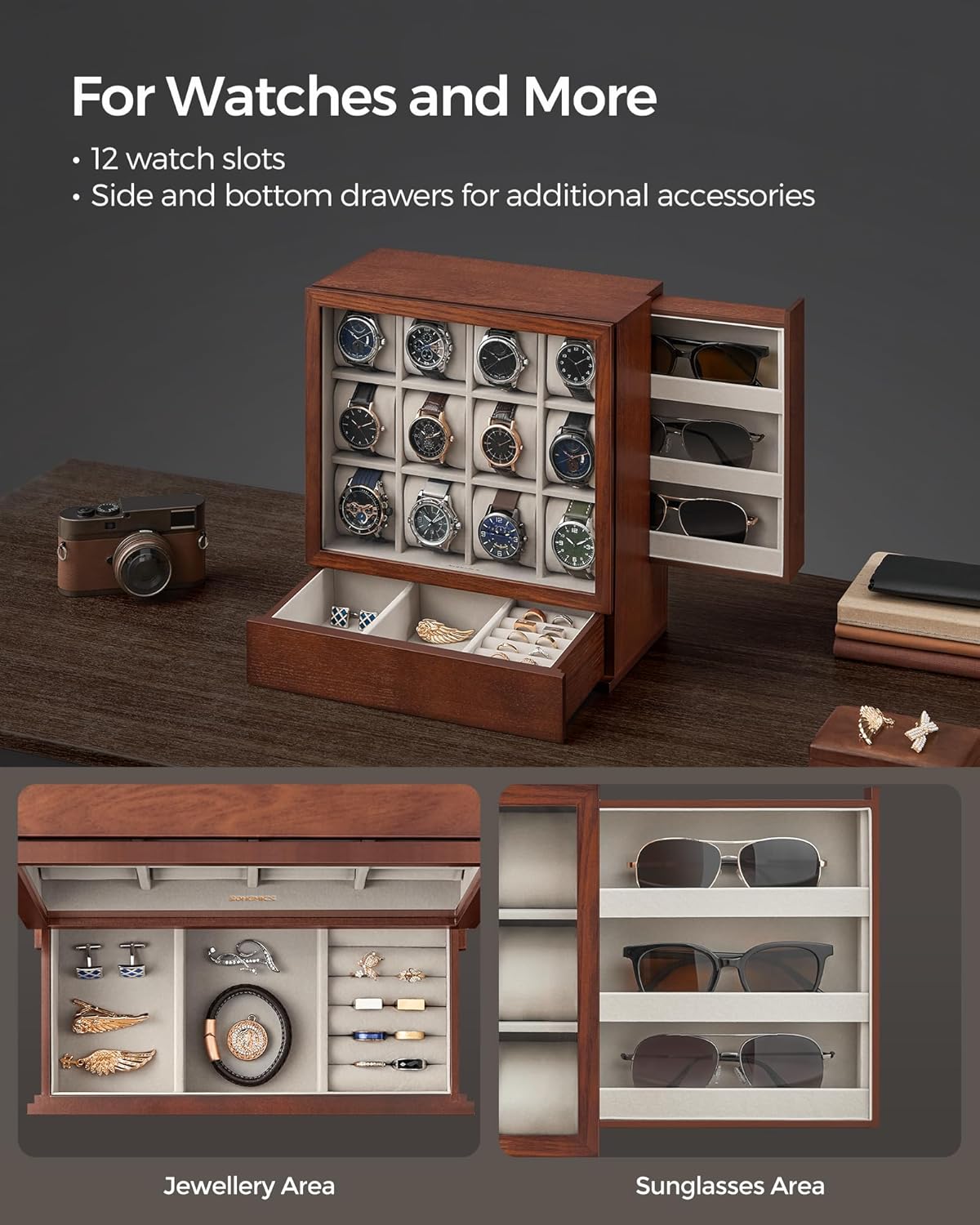 12-Slot Wooden Watch Box, Watch Display Case with Window, Sunglasses holder, Solid Wood