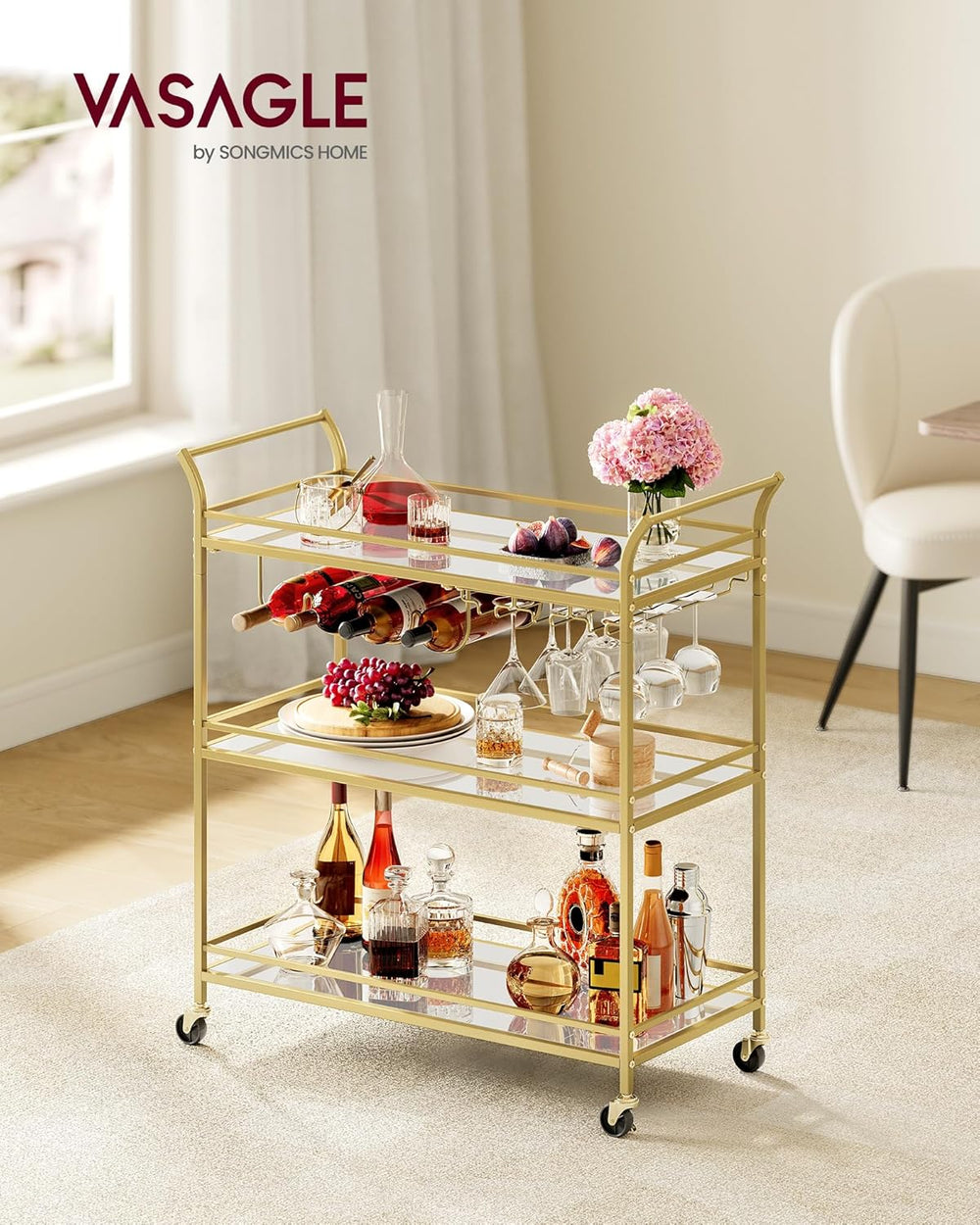 Gold Bar Cart with 3-Tier Mirrored Shelves