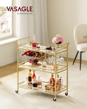 Gold Bar Cart with 3-Tier Mirrored Shelves