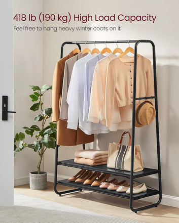 Clothes Rail, Clothes Rack with 2 Shelves, 6 S-Shaped Hooks, Steel Frame