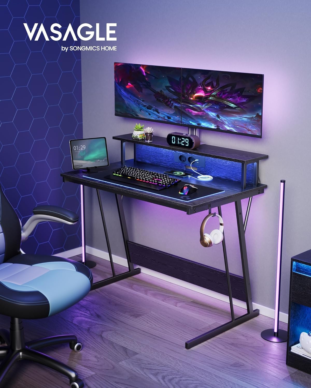 Gaming Table with LED Lighting Desk with Built-in Power Strip Computer Desk Stand