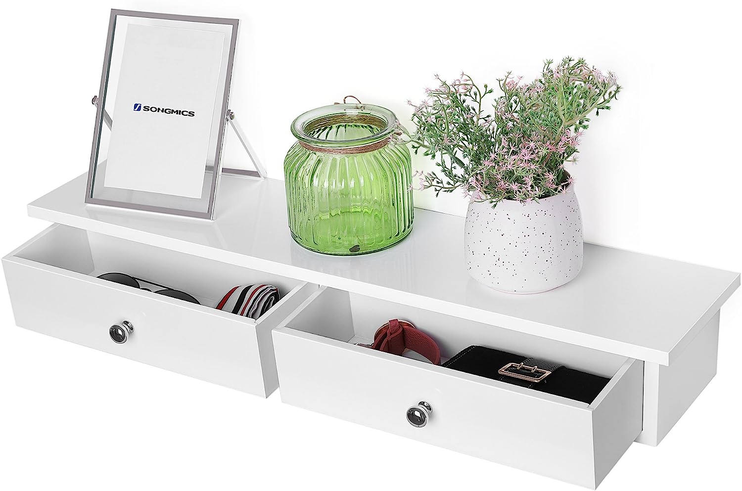 Wall Shelf with 2 Drawers, Floating Shelves, Floating Shelves, Gloss Finish, Load 15 kg