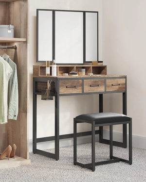 Makeup Table with Folding Mirror, Stool & Drawers