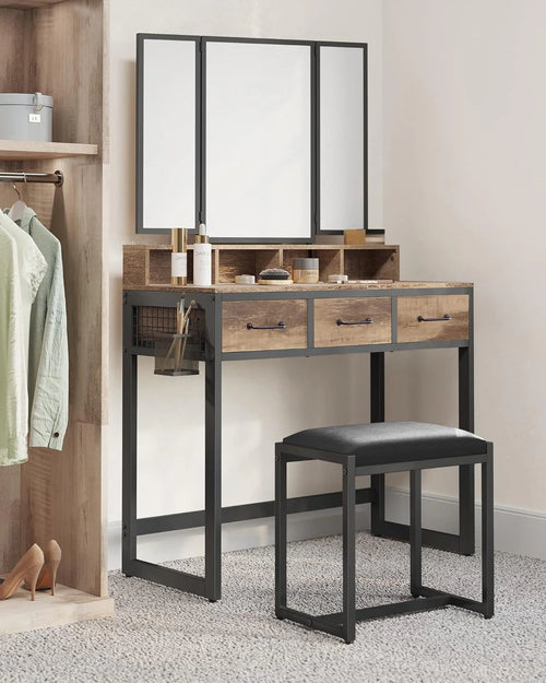 Makeup Table with Folding Mirror, Stool & Drawers