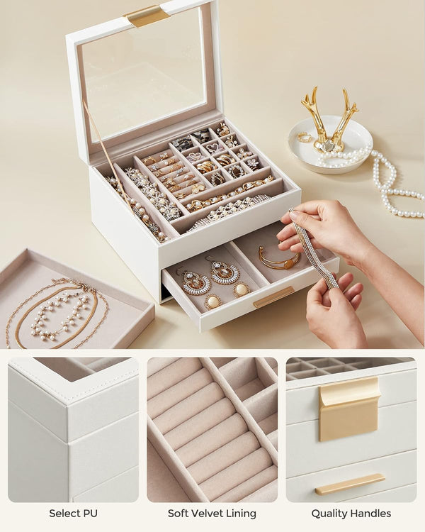 3-Layer Jewellery Box with Glass Lid & 2 Drawers