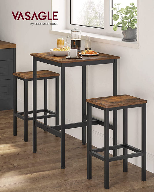 Bar Table with Stools, Dining Table with 2 Stools, Small Kitchen Table 60 x 60 x 90 cm, Each Chair 30 x 40 x 65 cm, Dining Room, Industrial
