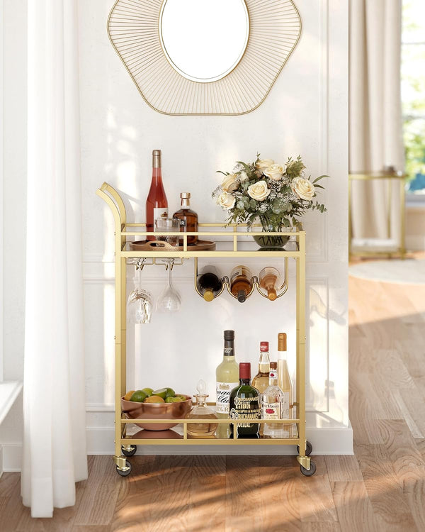 Gold Bar Cart with 2 Mirrored Shelves & Wine Holders - Karrari