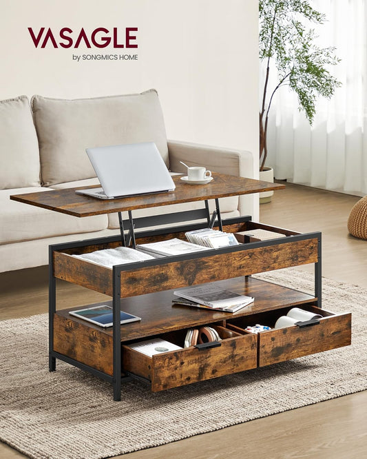 Lift Top Coffee Table, Living Room Table, with Storage Drawers, Hidden Compartments, and Open Shelf