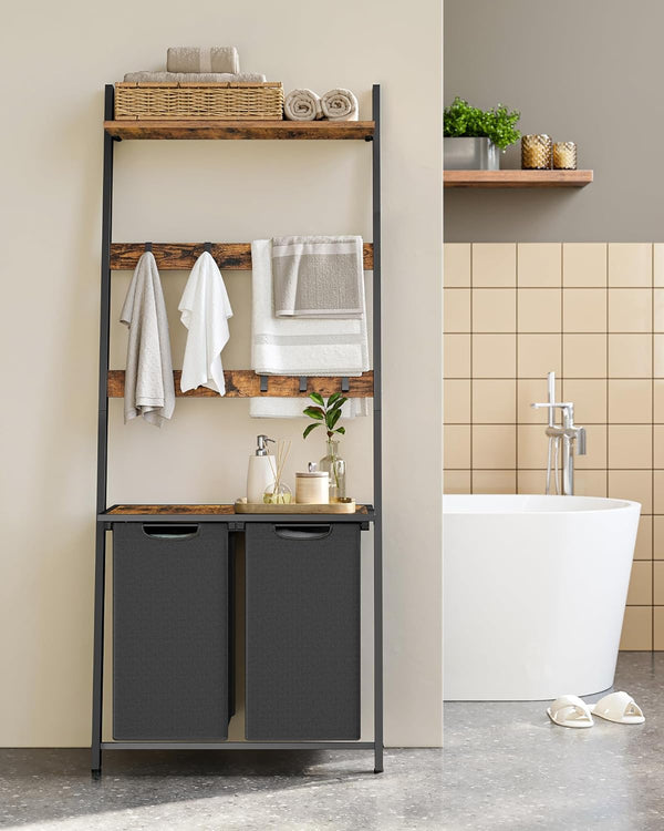 2-Section Laundry Hamper - Ladder, Shelves & Hooks - Karrari