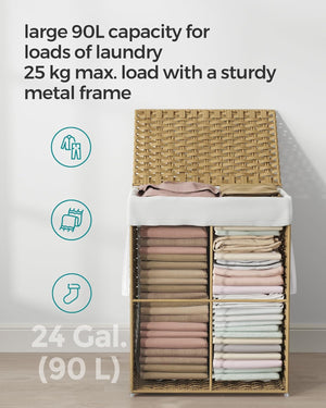 90L Foldable Rattan Laundry Basket with Lid & Handles - Karrari