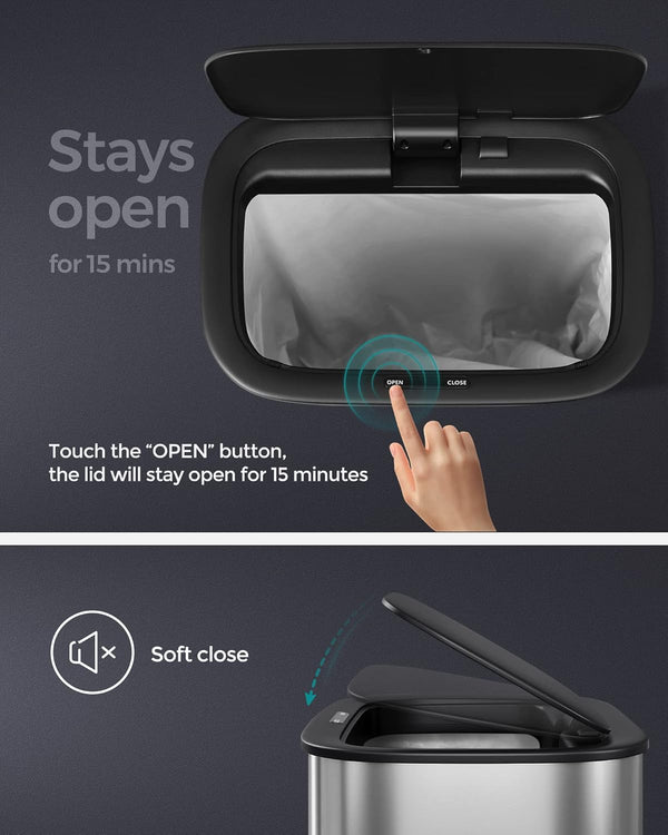 50L Stainless Steel Sensor Bin with Soft-Close Lid