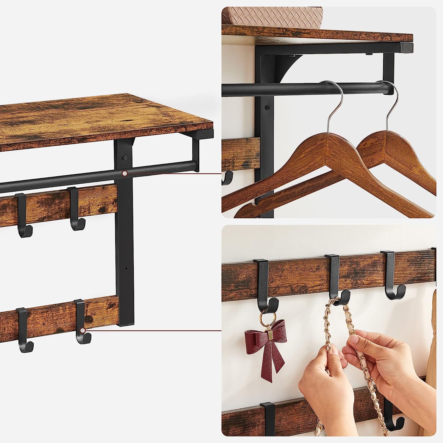 Coat Rack Wall Mounted, Coat Hooks, 10 Removable Hooks and Hanging Rai