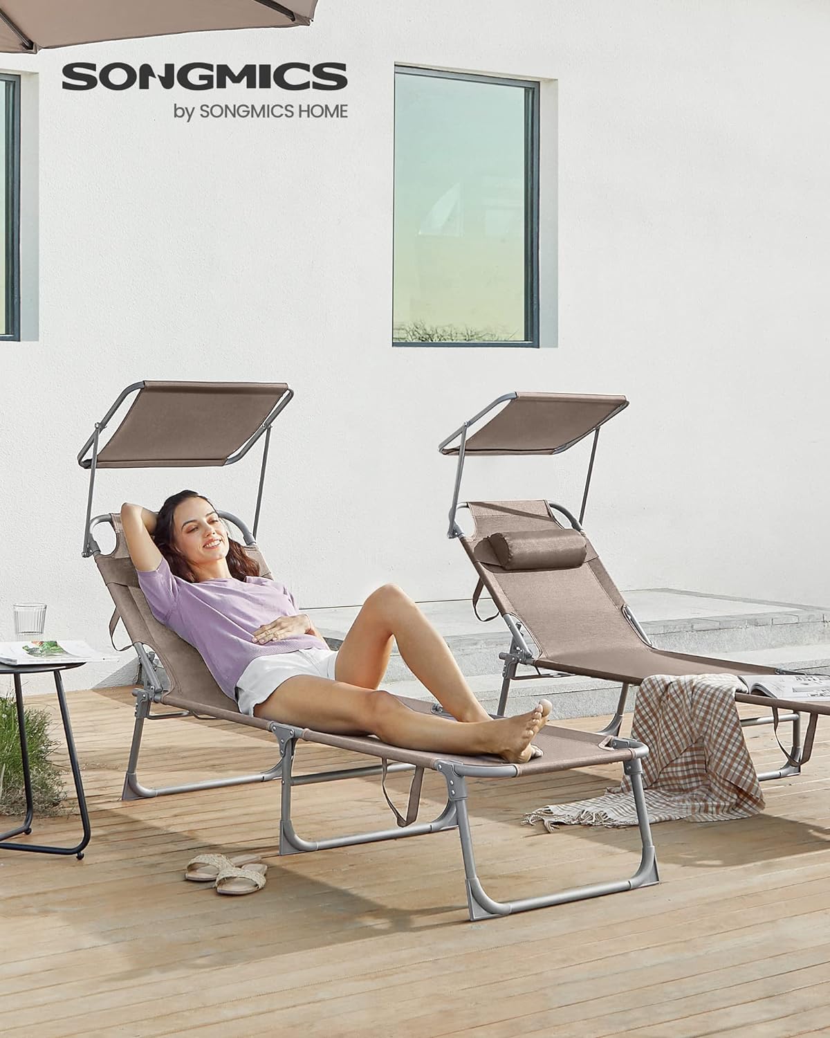 Sun Lounger, Deck Chair Folding, Sunbed, 193 x 53 x 29 cm, Max. Load 150 kg, with Sunshade Headrest