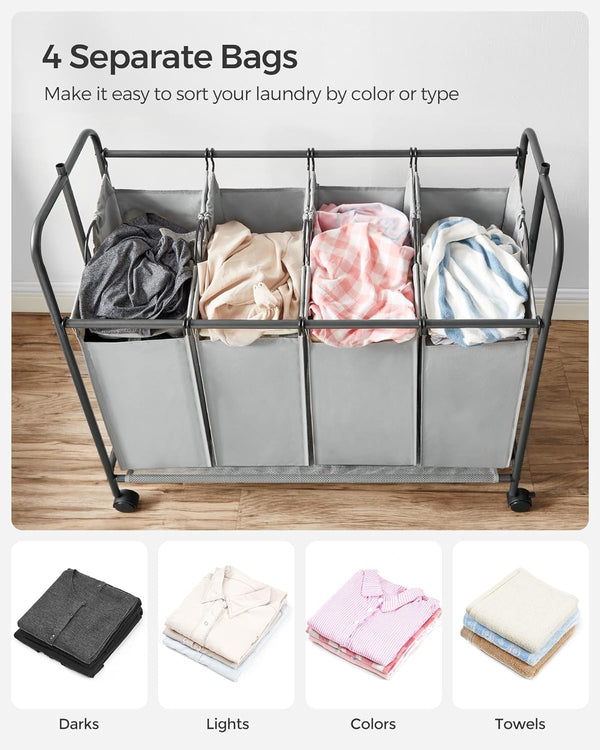 4-Section Laundry Sorter Trolley - Wheels & Brake, 200L - Karrari