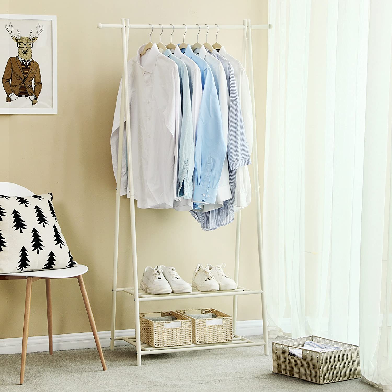 Coat Rack, Coat Stand, Clothes Rack with 2-Tier Storage Shelf for Shoes and Baskets, Metal Frame, Space-saving